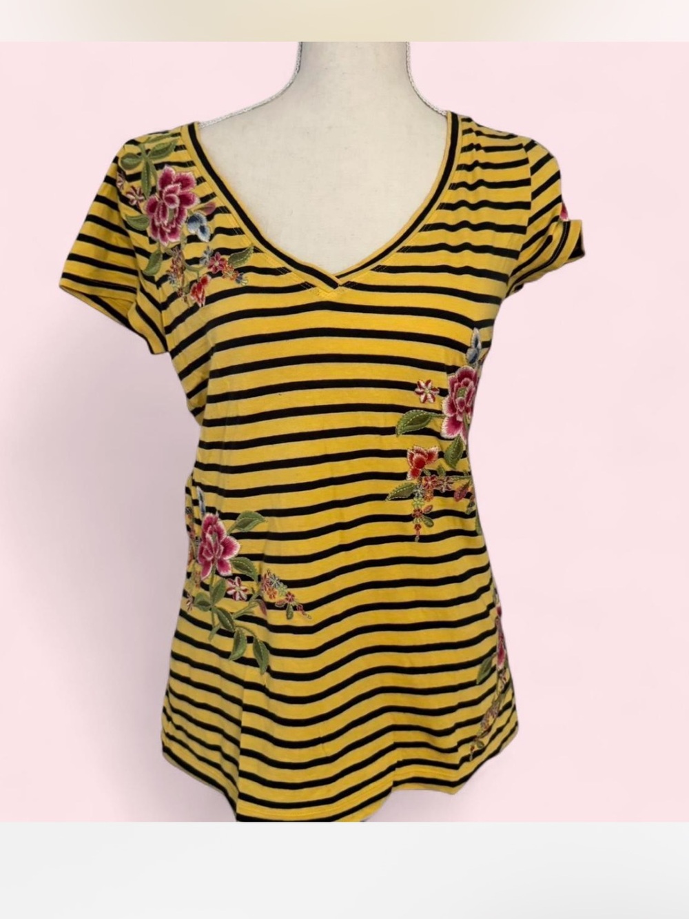 JW Los Angeles by Johnny Was Embroidered Floral Steiped V neck